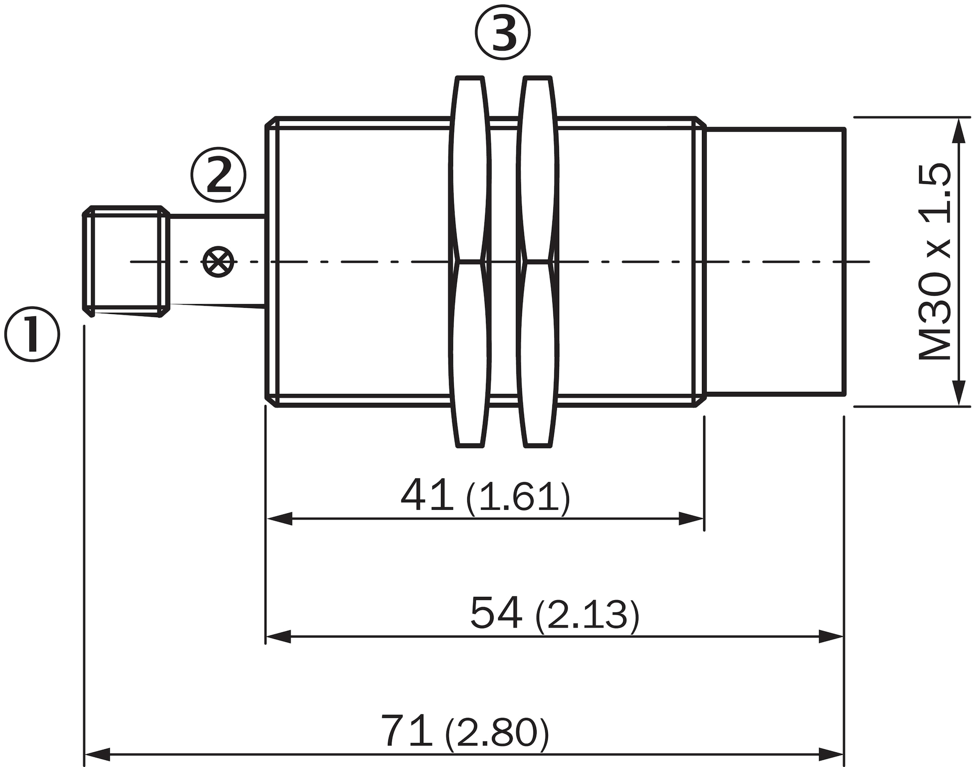 Teknik çizim IME30 Standard, erkek konnektör, çıkık kafa